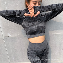 Hot Sale Womens Camo Quick Dry Open Back Breathable Long Sleeve Fitness Crop Tops Yoga Top